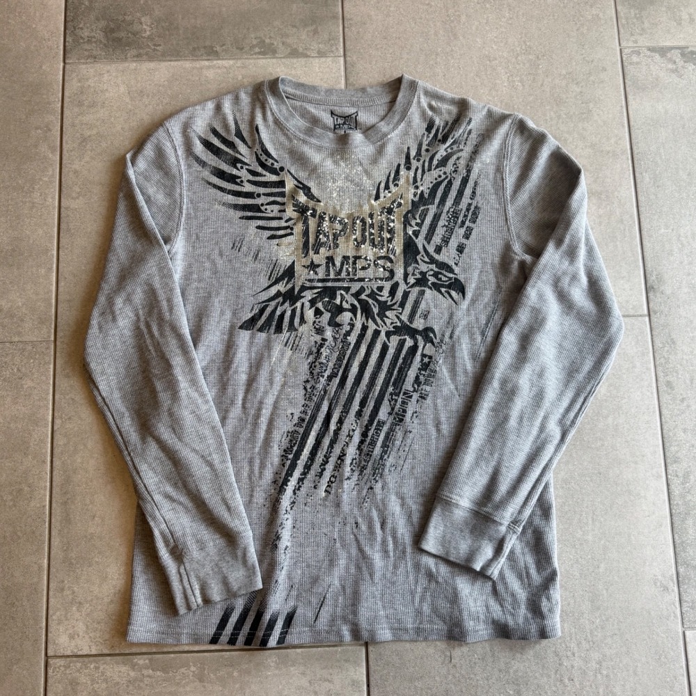Tapout MPS Mens Grey Waffle Knit Thermal Graphic Long Sleeve Shirt Eagle Flag L
